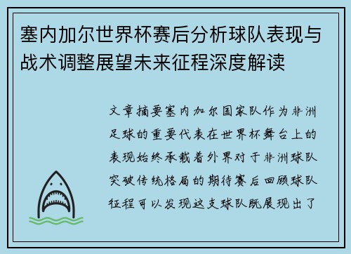 塞内加尔世界杯赛后分析球队表现与战术调整展望未来征程深度解读